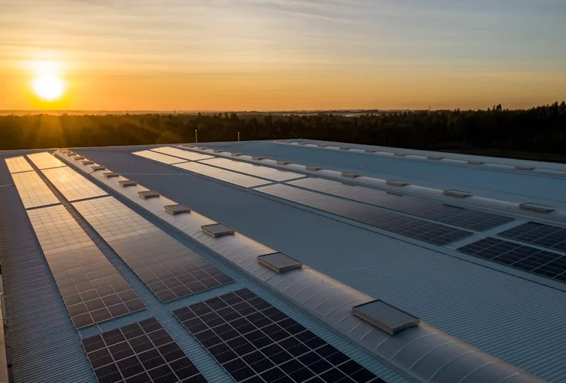 Vista aérea de usina fotovoltaica na cobertura de um galpão industrial